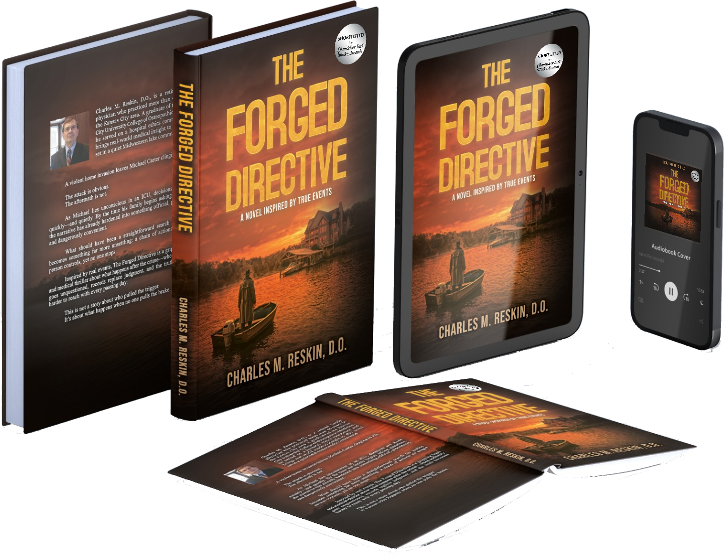 The Forged Directive in hardcover, paperback, eBook, and audiobook, with the Chanticleer short-list seal